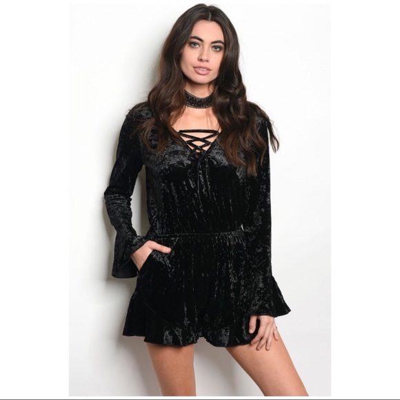 Romper Crushed Velvet Bell Sleeves Bohemian Festival Lace-Up Black S M L - Picture 1 of 3